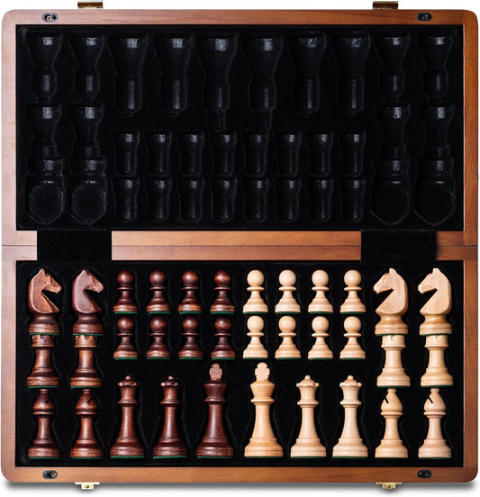 A&A 15" Magnetic Wooden Chess Set, Handmade 3" King Height Knight Staunton Chess Pieces with 2 Extra Queen, Folding Portable Travel Game Set