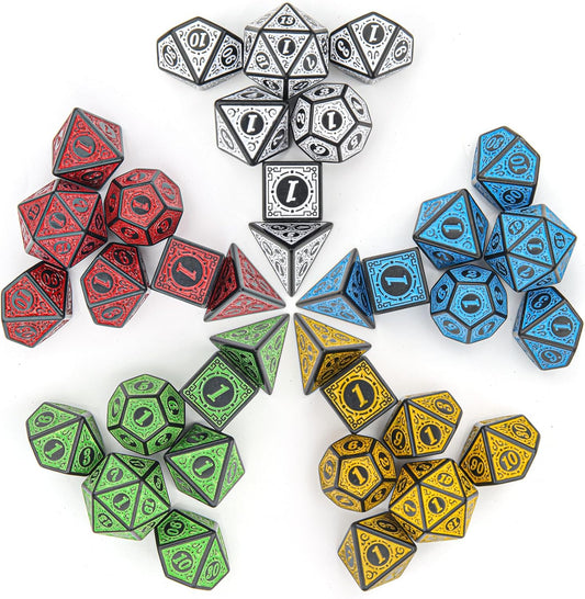 Coyeekn DND Dice Polyhedral Dice, 5 Sets of Dragons and Dungeons,RPG MTG Table Game Vintage Dice Carving Dice (35Pieces)