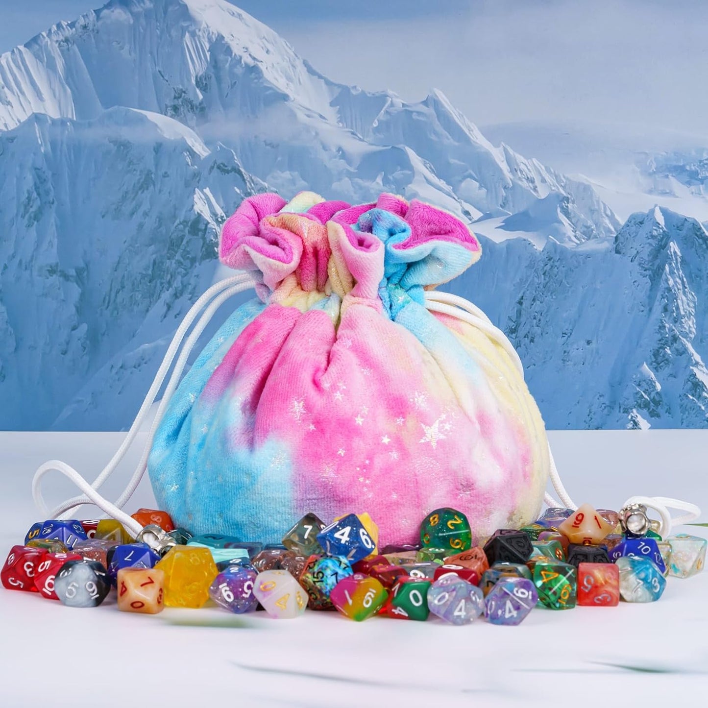 Large Dice Bags with Pockets Rainbow Storage Bags Star Pattern for DND RPG Games (with 1lb Random DND Dice)