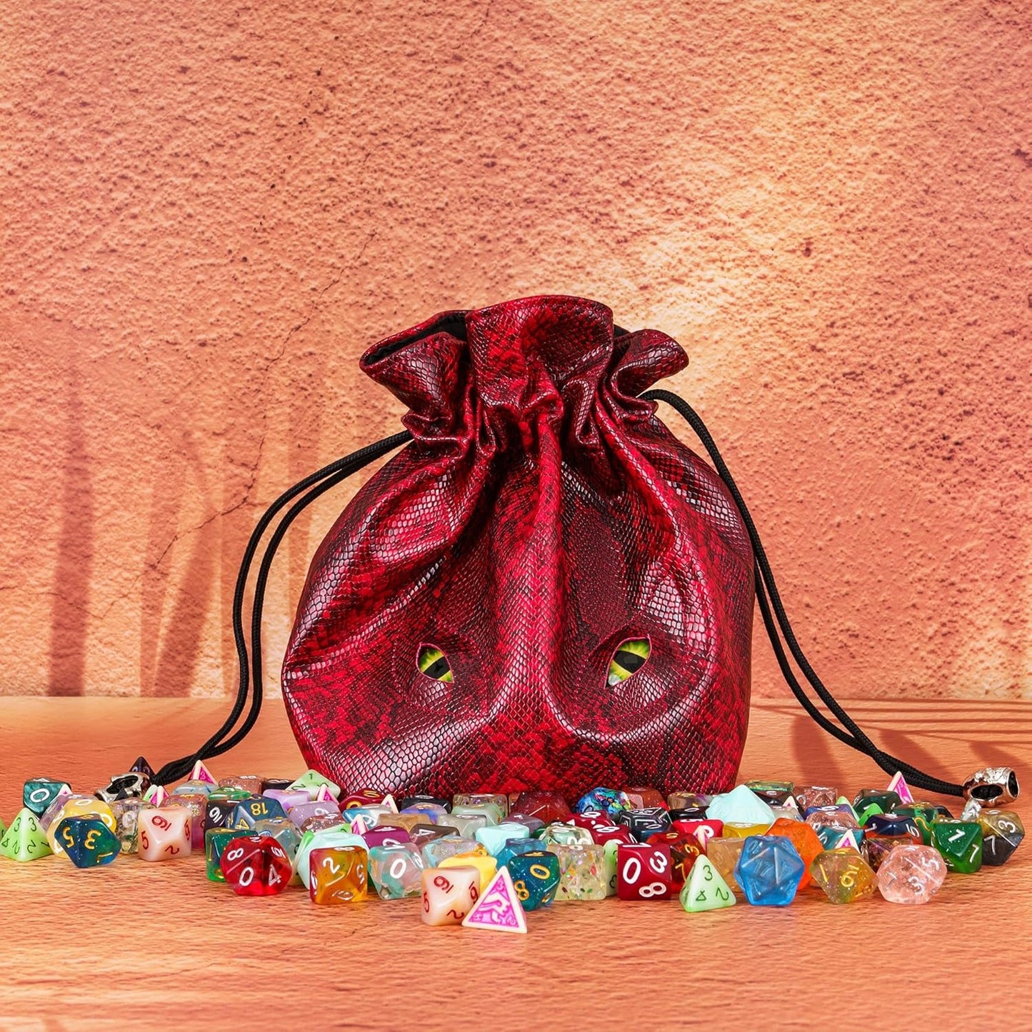 Large DND Dice Bag Leather Dice Storage Bag Red D&D Drawstring Pouch with Pockets for RPG Table Games - Can Hold 200+ Dice