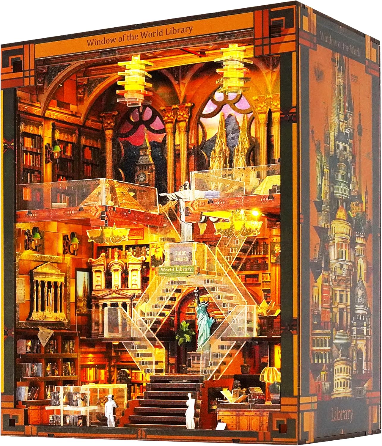Book Nook Kit - DIY Miniature World Library Booknook - 3D Wooden Puzzle with LED Lights - Creative Bookshelf Insert & Educational Gift for Adults