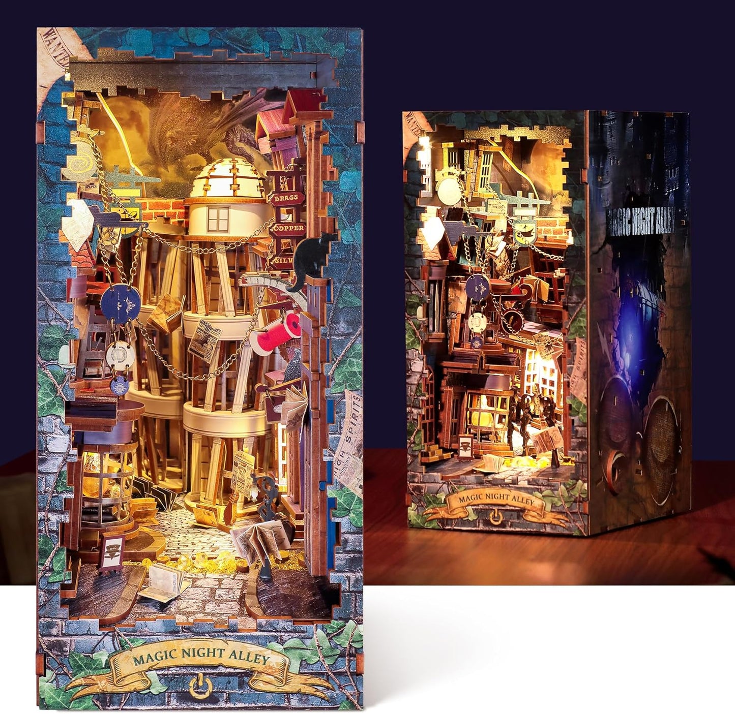 3D Wood Puzzle Book Nook Kit, DIY Magical Miniature Dollhouse with LED Light, Magic Night Alley Bookshelf Insert Bookend for Display, 3D Puzzle Craft Set for Adults(Magic Night Alley)