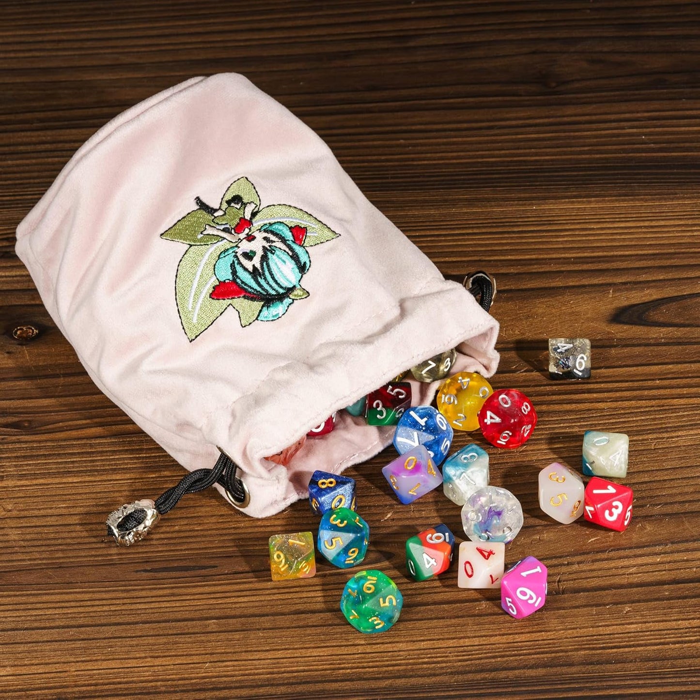 Large DND Dice Bag, Pink Storage Bag with Elf Pattern for D&D Role Playing Games Tabletop Games - Capacity 100+ Polyhedral Dice