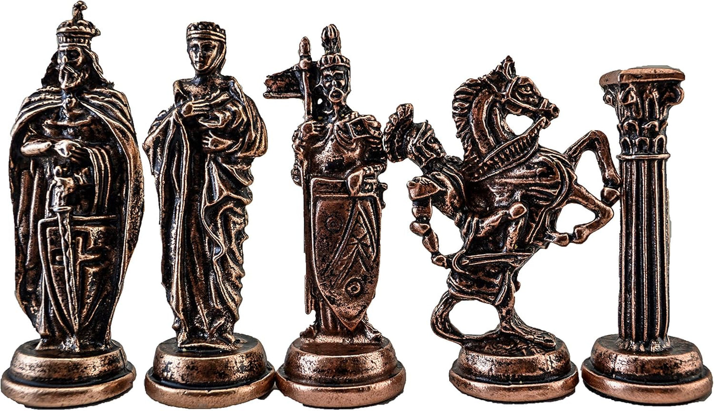 Medieval British Army Antique Copper Metal Chess Set for Adults,Handmade Pieces and Natural Solid Wooden Chess Board with Storage Inside King 3.35inc