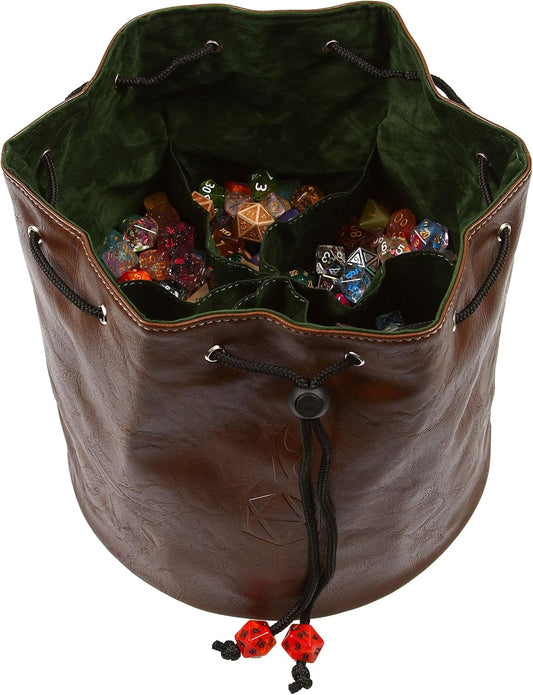 Forged Dice Co. Pouch of The Endless Hoard Dice Bag - Holds Over 1,000 Polyhedral Dice - Dice Storage Bag with 7 Pockets - Perfect for Bulk Dice - Brown/Green