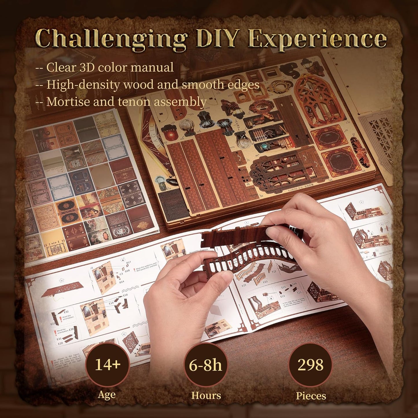 3D Wood Puzzle Book Nook Kit, DIY Magical Miniature Dollhouse with LED Light, Magic World Bookshelf Insert Bookend for Display, 3D Puzzle Craft Set for Adults (Magic World)