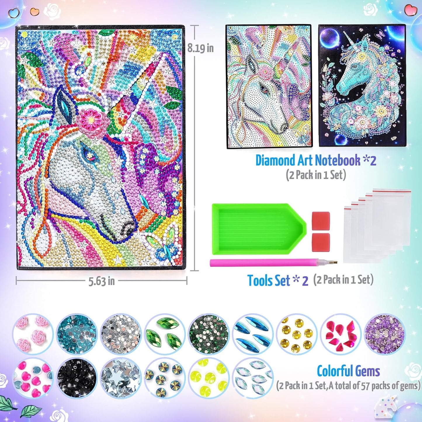 Unicorn Gifts for Girls 5 7 8 9 Year Old, Craft Kits for Kids Age 6 8 10 12 Diamond Painting Kit Unicorns Notebook Toys for 7-11 Year Olds Girls Birthday Gifts Gem Arts and Crafts for Kids Stationary