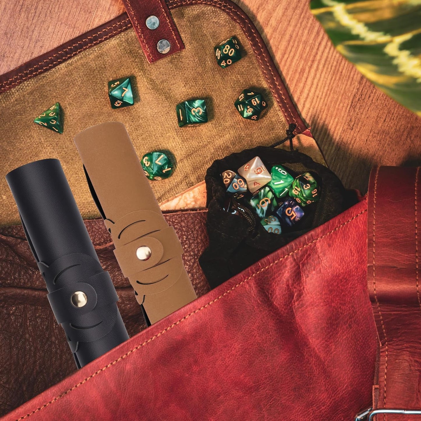 SIQUK 2 Pieces Octopus Dice Rolling Tray PU Leather Dice Mat Folding Scroll Dices Holder Trays for D&D RPG Games (Camel, Black)