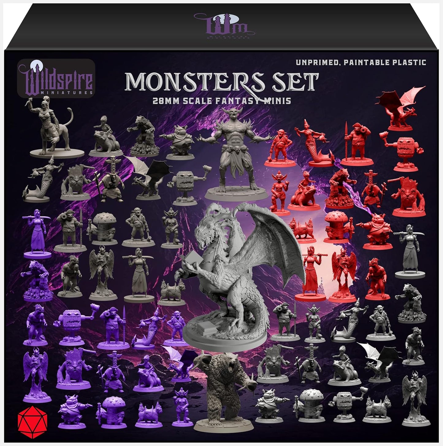 Wildspire Fantasy Monsters & Bookish Dragon for DND Miniatures Unpainted Bulk 28mm-32mm Dungeons & Dragons Minis Pathfinder Figures Fantasy Unpainted Tabletop RPG Miniature Starter Set for D&D