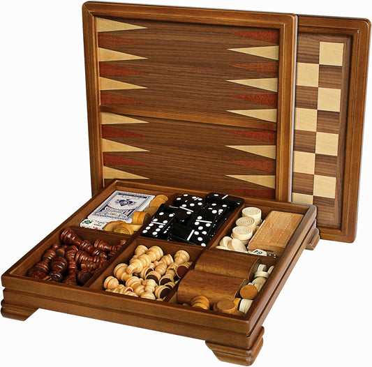 WE Games Walnut 7-Games-in-1 Combination Game Set - Includes Chess, Checkers, Backgammon, Dominoes, Cribbage, Poker, Dice and Cards