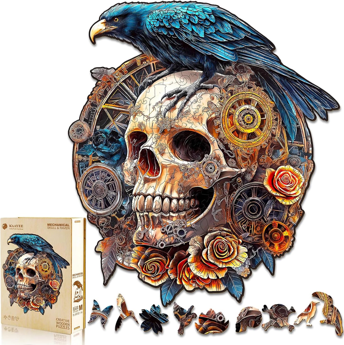 KAAYEE Wooden Puzzles for Adults, 3D Visual Effect Raven & Mechanical Skull Wooden Jigsaw Puzzle Unique Shape Wood Puzzle Adult, 3D Effect Flat Puzzle Birthday Family Games (L-13.4 * 11.9in-240pcs)