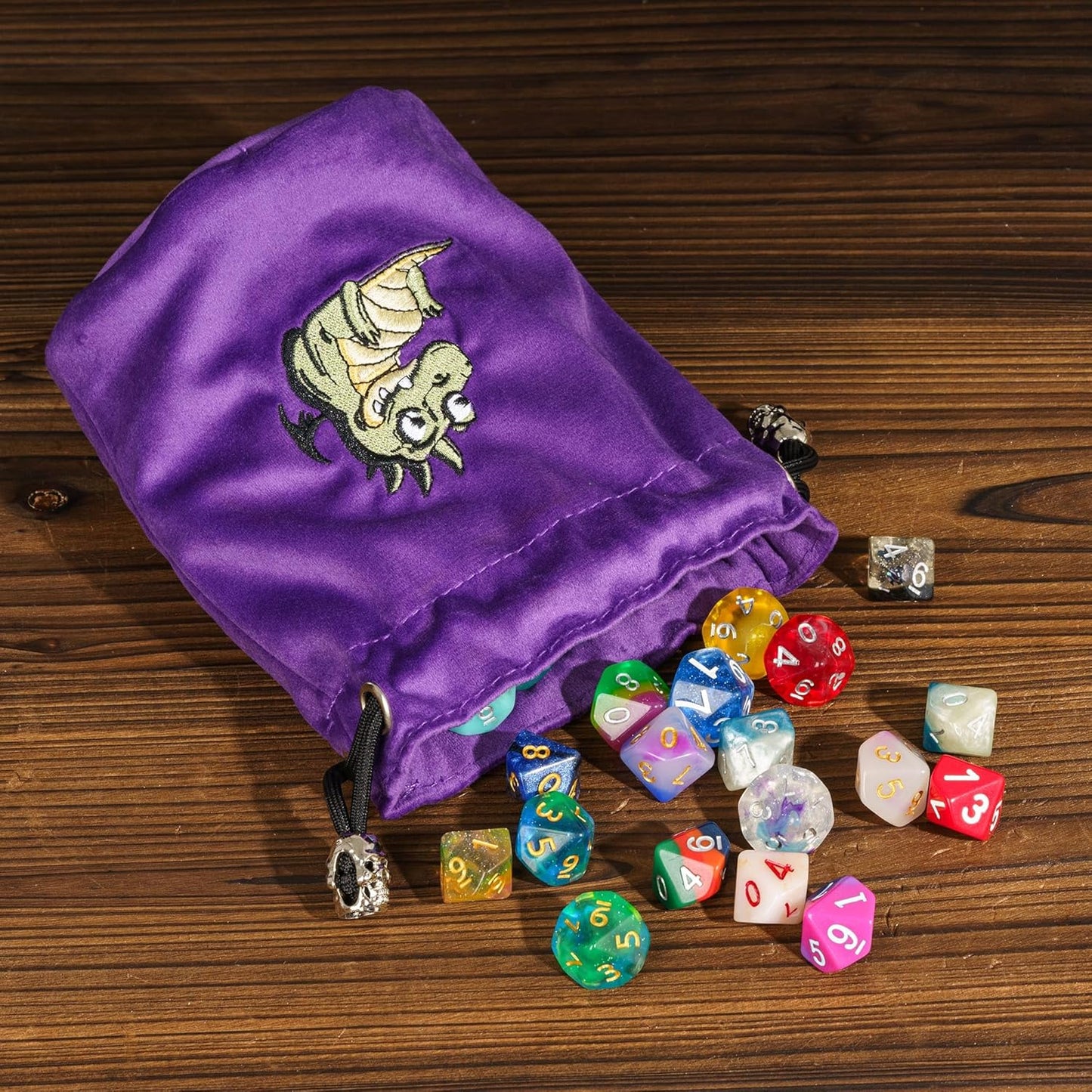 Large DND Dice Bag Purple Velvet Storage Bag with Cartoon Dragon Pattern for Role Playing Games Tabletop Games - Capacity 100+ Polyhedral Dice