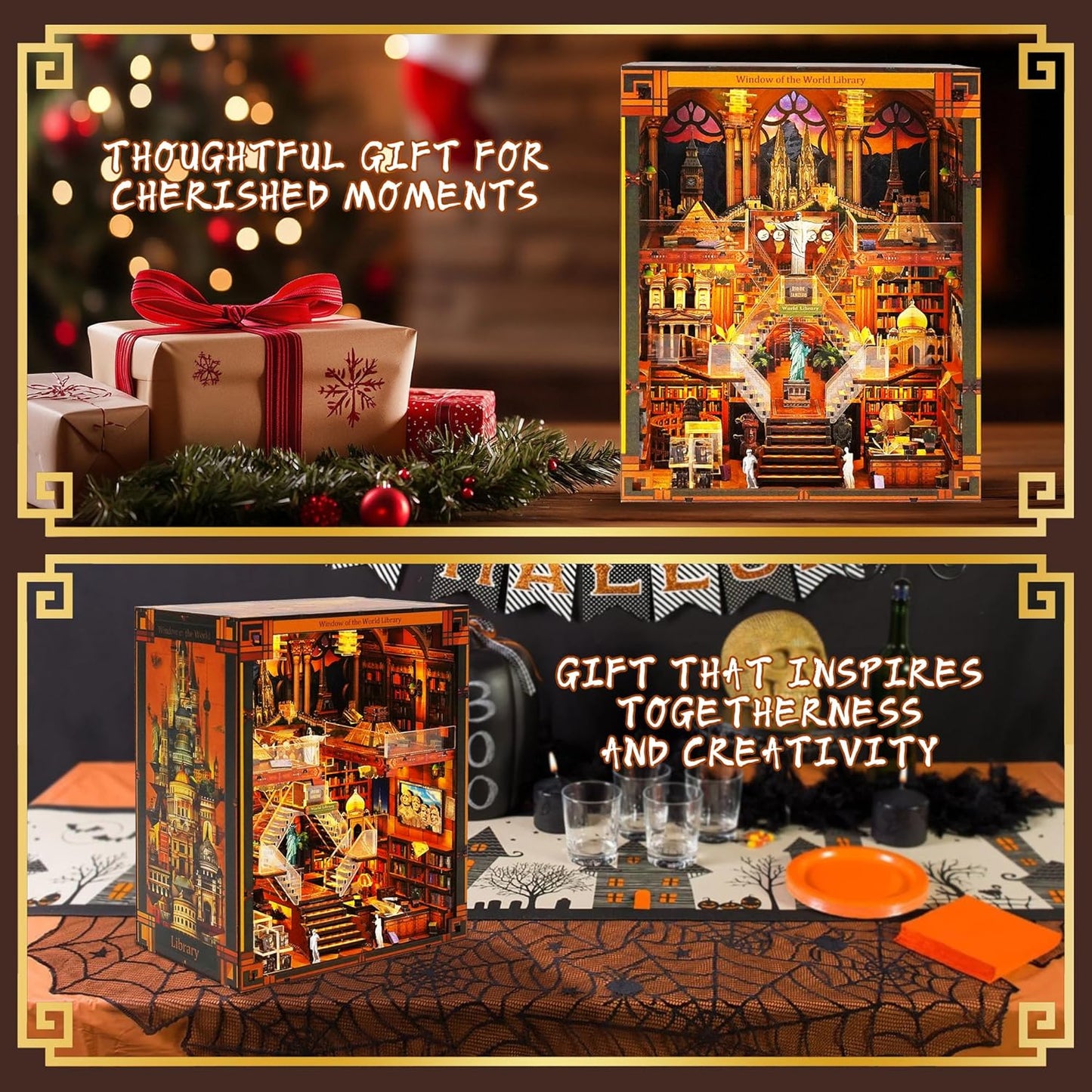 Book Nook Kit - DIY Miniature World Library Booknook - 3D Wooden Puzzle with LED Lights - Creative Bookshelf Insert & Educational Gift for Adults