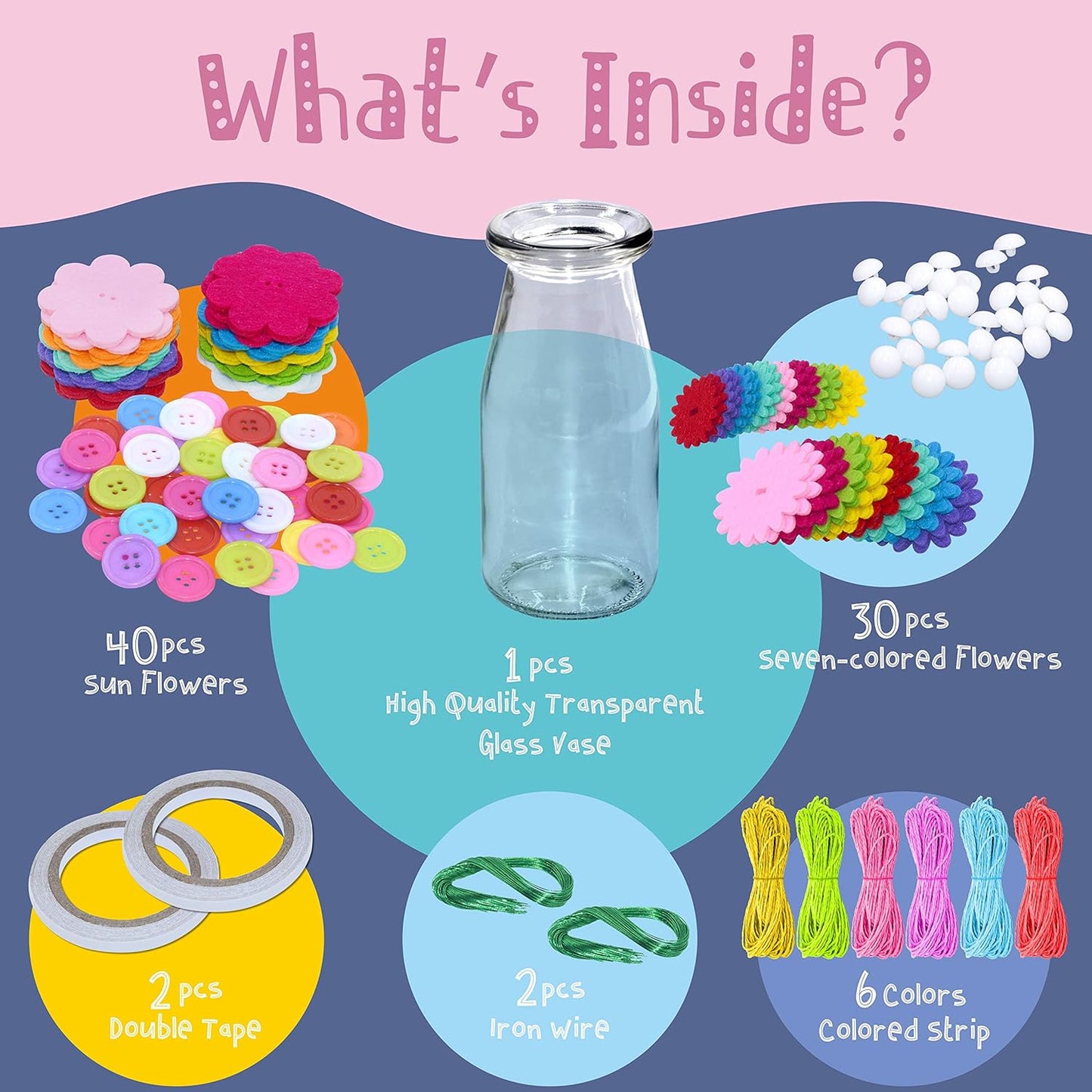 SpriteGru Flower Craft Kit for Kids,Make Your Own Flower Bouquet with Buttons,DIY Activity Gift for Boys & Girls Age 4 5 6 7 8 9 10 Year Old(2 Bouquets and 1 Glass Vase)