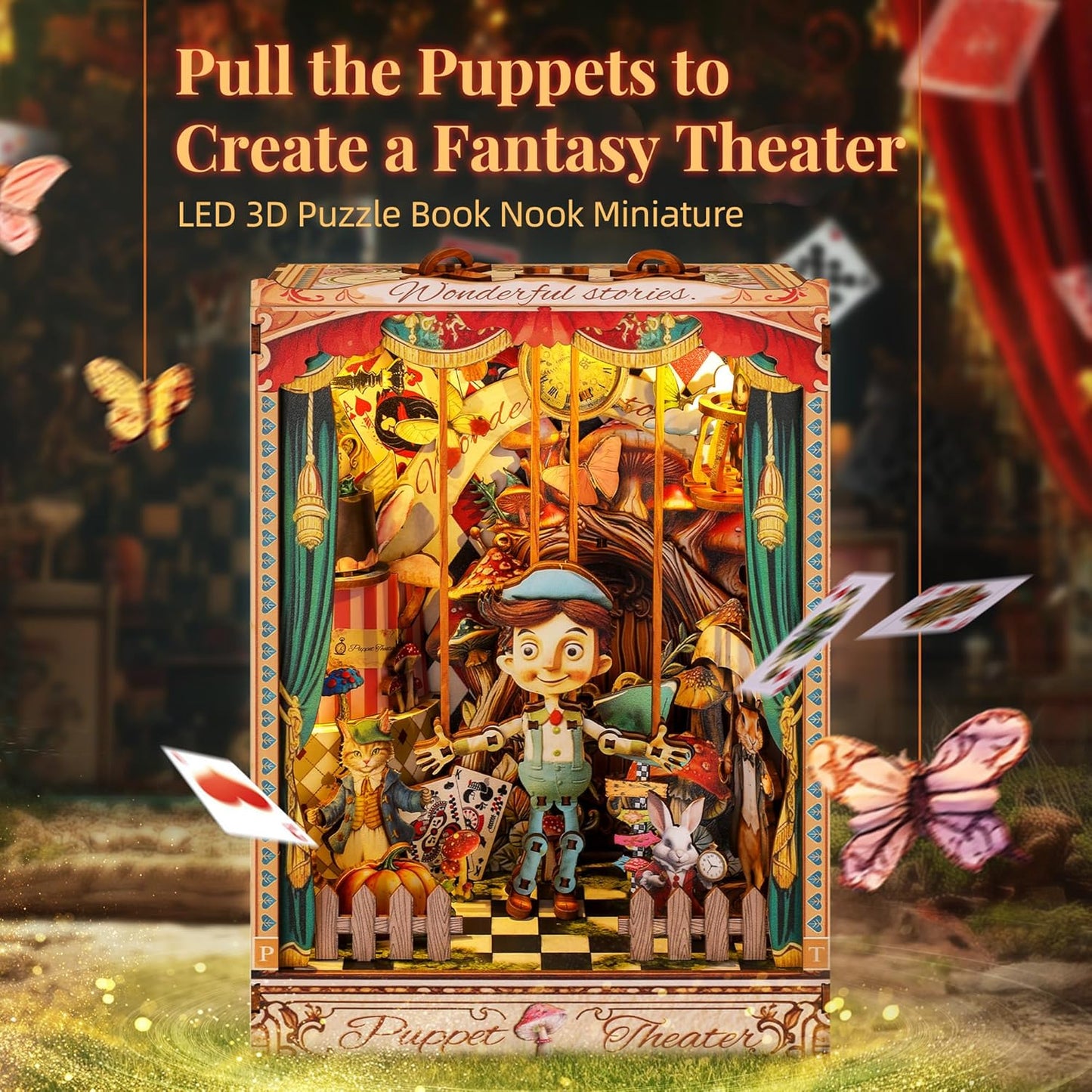 LED 3D Wood Puzzle Puppet Theater Book Nook Kit - Interactive Miniature DIY Bookshelf Insert with Movable Puppets - Creative Fantasy Scene Home Decor Gift(Puppet Theater)