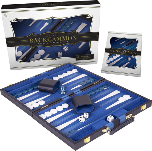 Backgammon Set 15 inch, Medium - Classic Board Game for Adults and Kids with Premium Leather Case - Includes Strategy & Tip Guide (Blue)