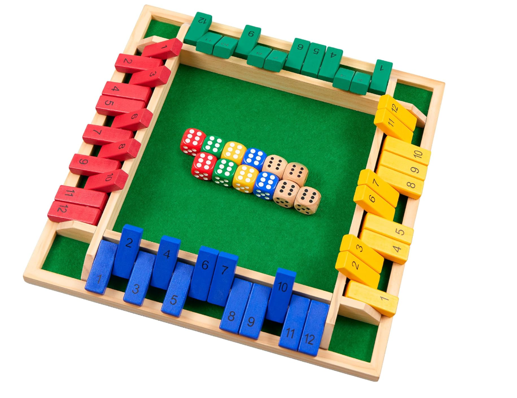 14 inches Shut The Box Dice Game, 2-4 Player Upgraded 12 Numbers Wooden Board Table Math Games for Adults and Kids, 12 Dices Classics Tabletop Version Games for Classroom,Home,Party or Pub