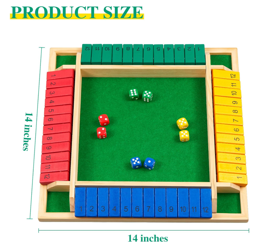 14 inches Shut The Box Dice Game, 2-4 Player Upgraded 12 Numbers Wooden Board Table Math Games for Adults and Kids, 12 Dices Classics Tabletop Version Games for Classroom,Home,Party or Pub