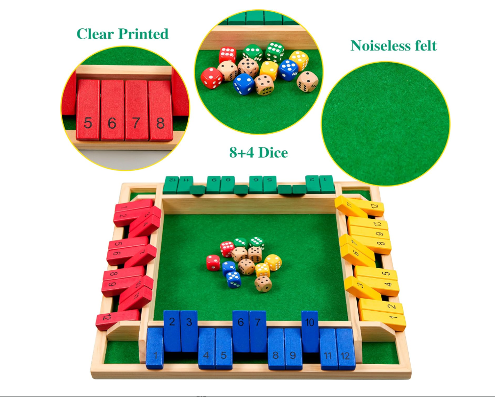 14 inches Shut The Box Dice Game, 2-4 Player Upgraded 12 Numbers Wooden Board Table Math Games for Adults and Kids, 12 Dices Classics Tabletop Version Games for Classroom,Home,Party or Pub