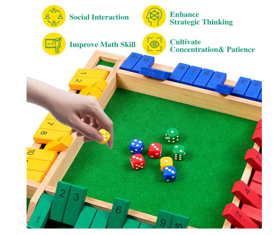 14 inches Shut The Box Dice Game, 2-4 Player Upgraded 12 Numbers Wooden Board Table Math Games for Adults and Kids, 12 Dices Classics Tabletop Version Games for Classroom,Home,Party or Pub